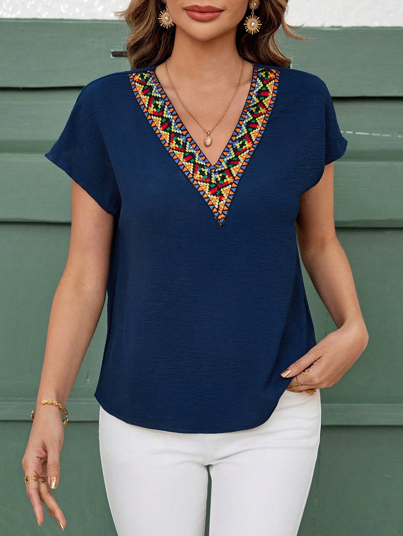Classy Contrast Guipure Lace Dolman Sleeve Blouse, Short Sleeve Tops.