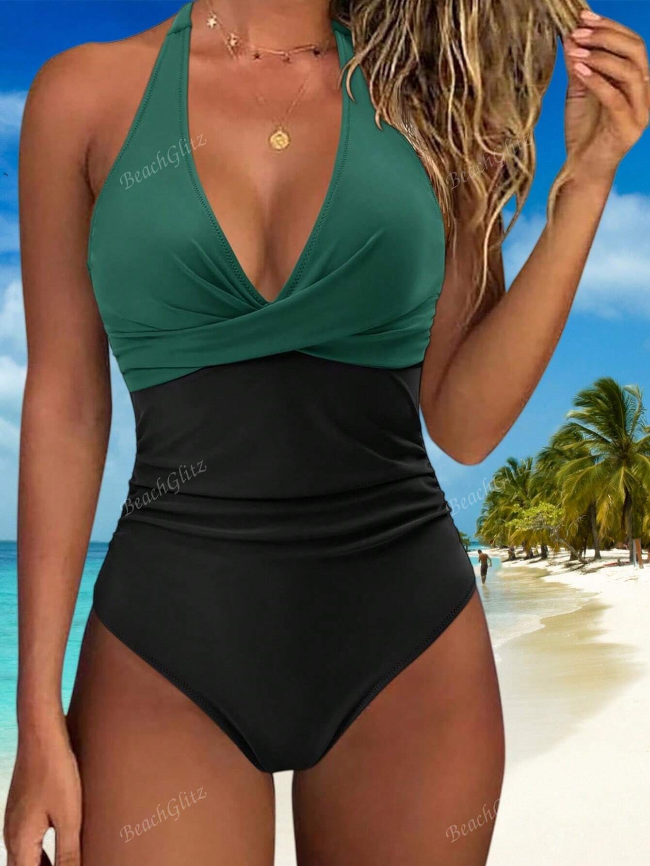 1pc Conservative Tree Leaf & Solid Color Pattern Swimsuit, Casual Beach Holiday Swimwear For Women