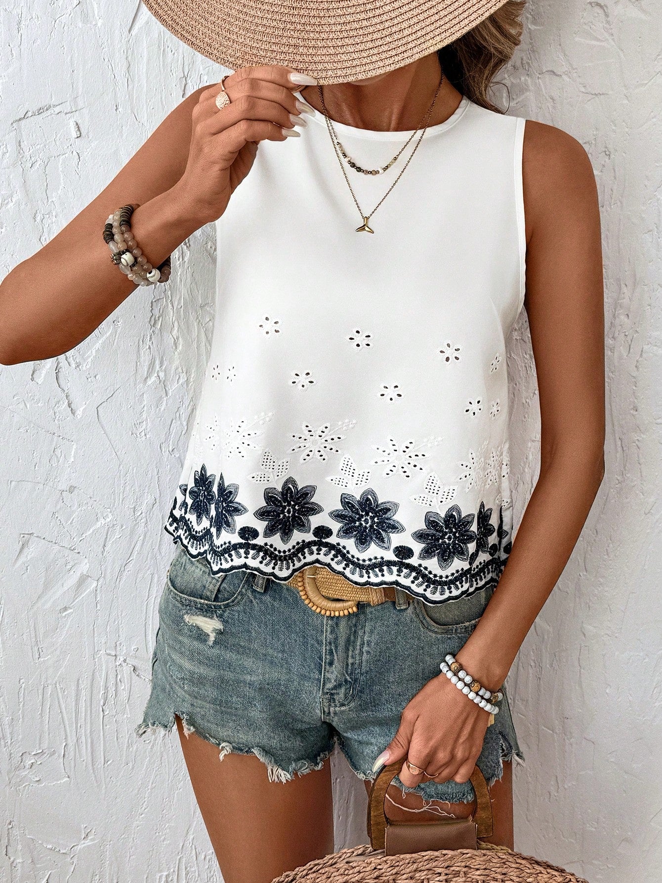 Women's Vacation Vibe Embroidered Faux Linen Women Short Top Blouse.