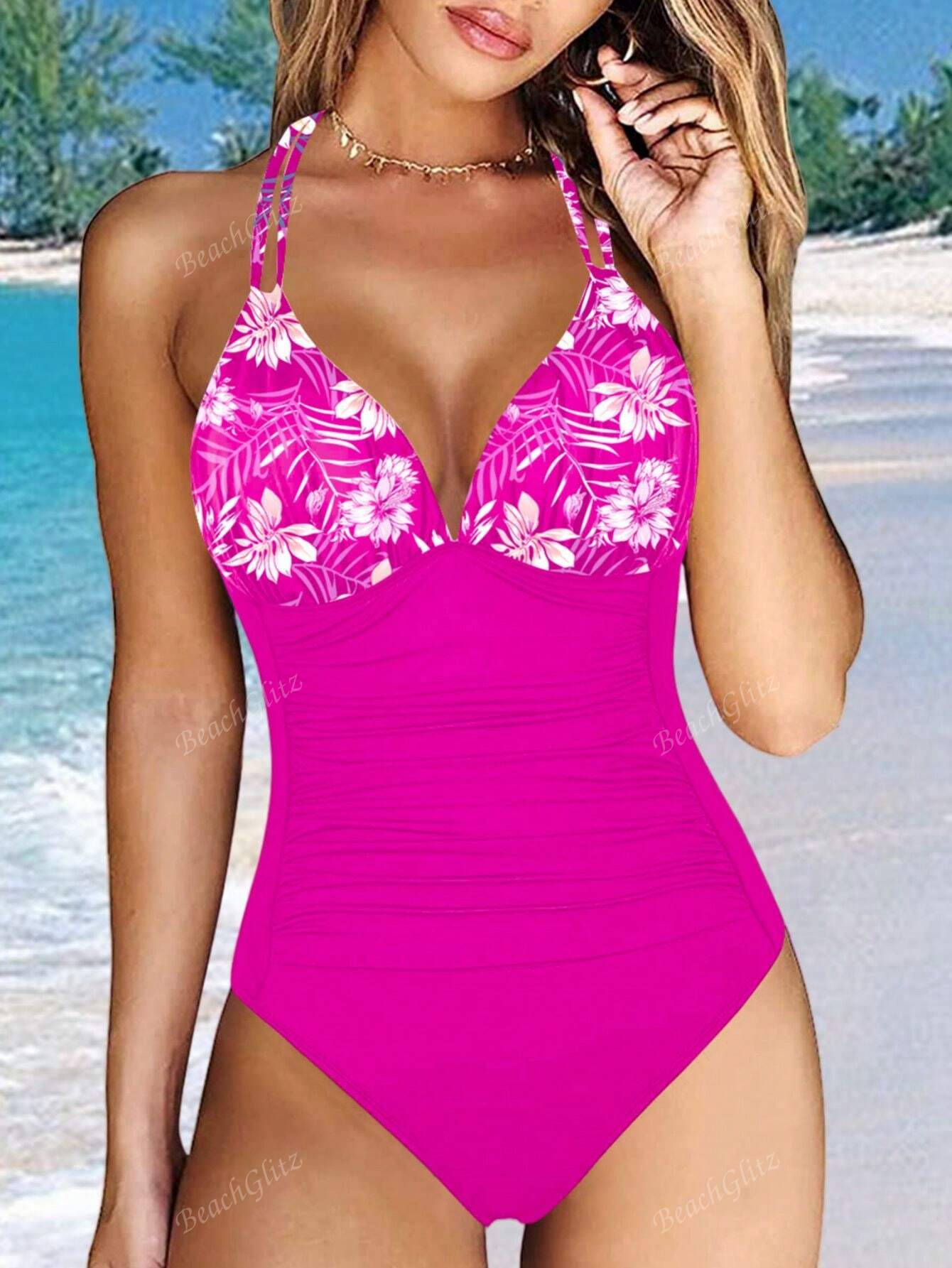1pc Conservative Tree Leaf & Solid Color Pattern Swimsuit, Casual Beach Holiday Swimwear For Women