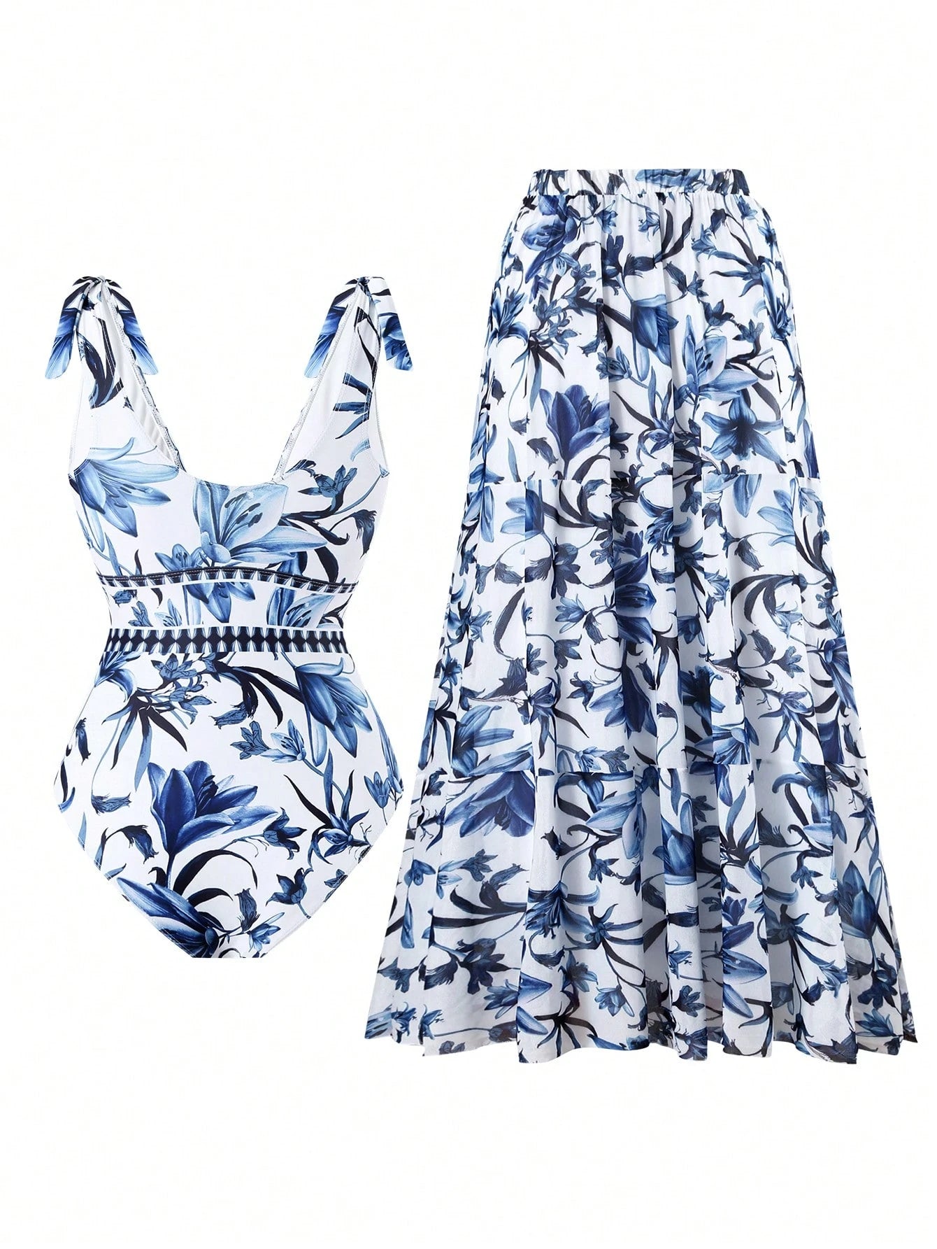 Swim set V-Neck Blue Floral Print Halter Backless One-Piece Swimsuit With Sheer Skirt, High-End Summer Beach Outfit For Women
