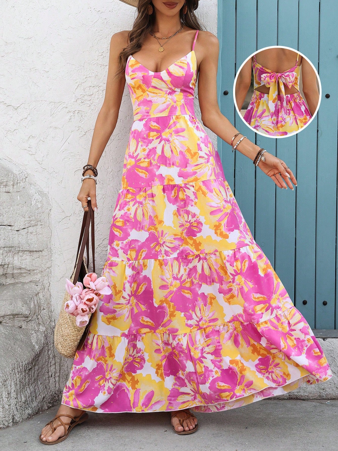 Women's Bohemian Style Belted Spaghetti Strap Patchwork Dress Maxi Vacation Beach Outfit
