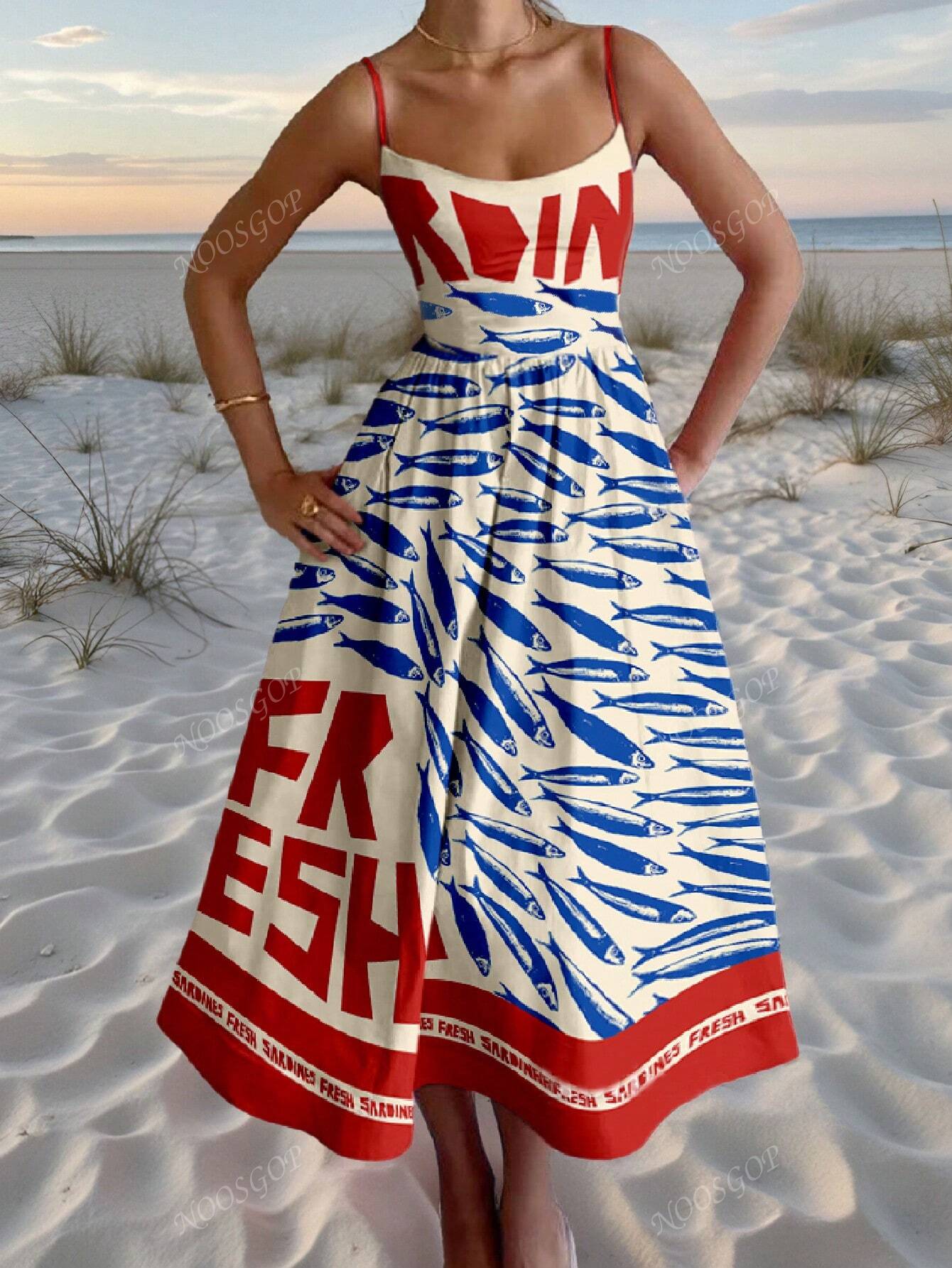 Beach Women's Spring Summer Casual Style Vintage Fish Art Positioning Printed Backless Flowing Long Dresses