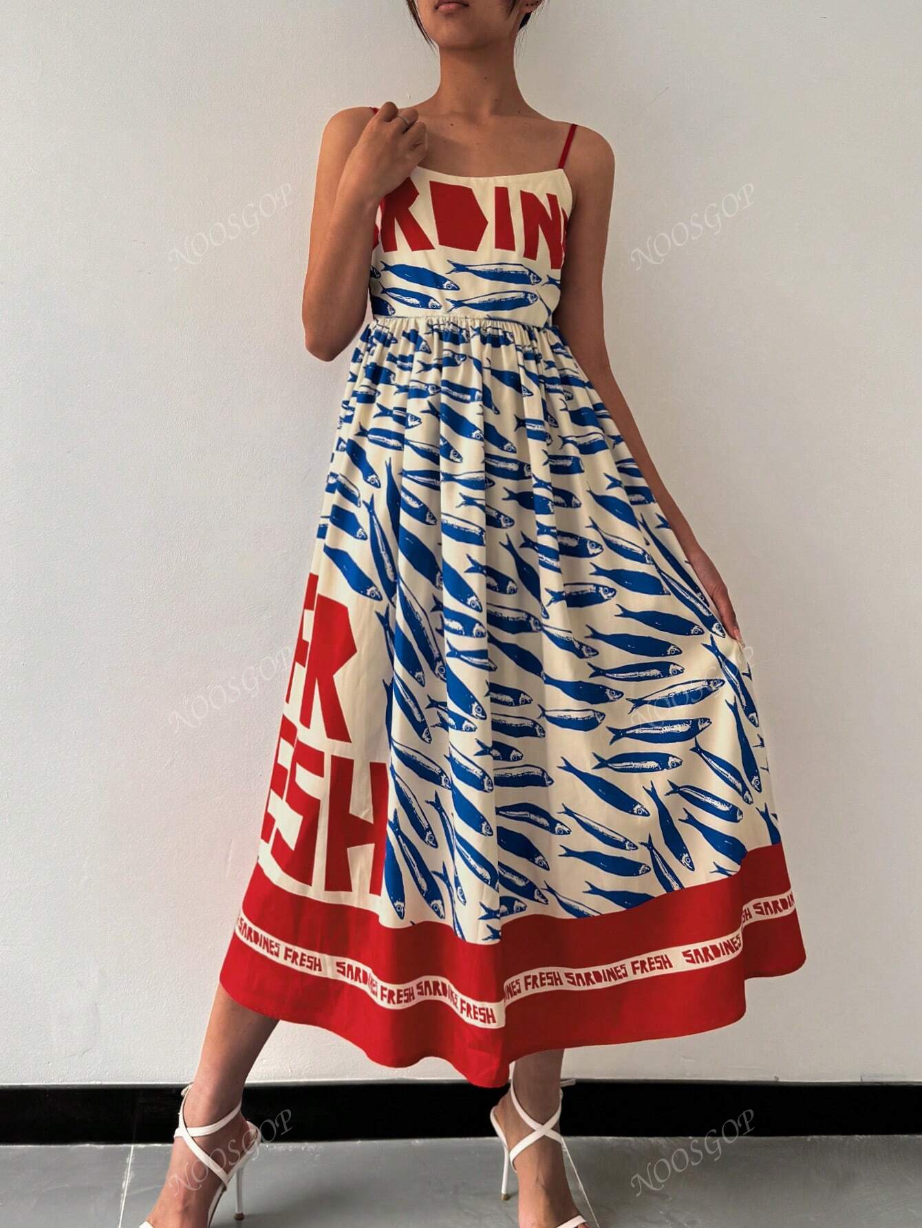 Beach Women's Spring Summer Casual Style Vintage Fish Art Positioning Printed Backless Flowing Long Dresses