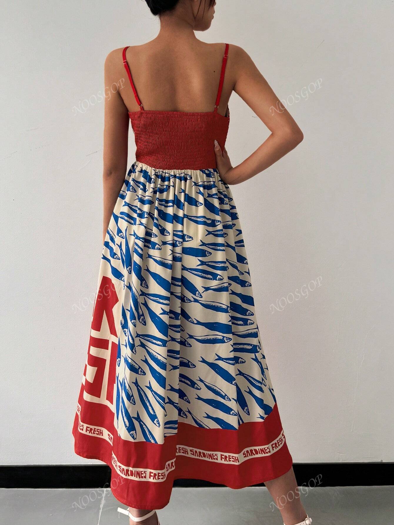 Beach Women's Spring Summer Casual Style Vintage Fish Art Positioning Printed Backless Flowing Long Dresses