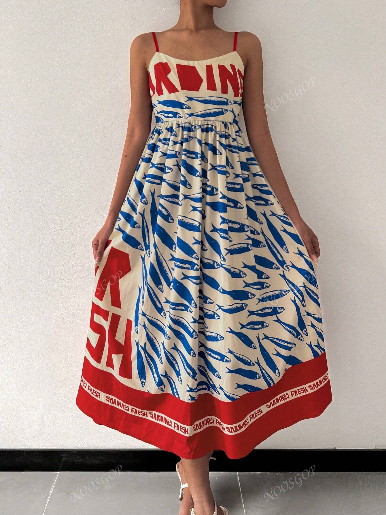 Beach Women's Spring Summer Casual Style Vintage Fish Art Positioning Printed Backless Flowing Long Dresses