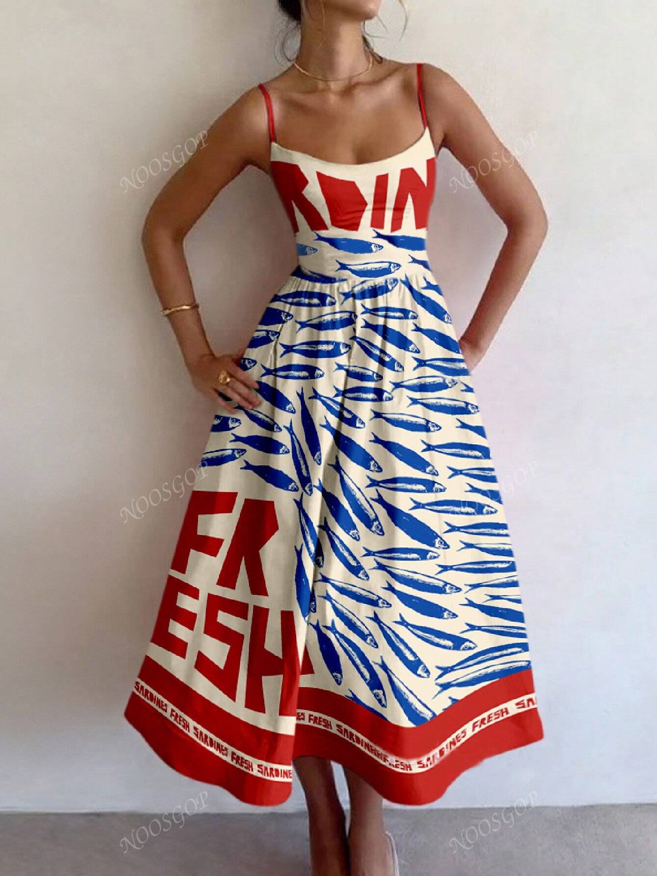 Beach Women's Spring Summer Casual Style Vintage Fish Art Positioning Printed Backless Flowing Long Dresses
