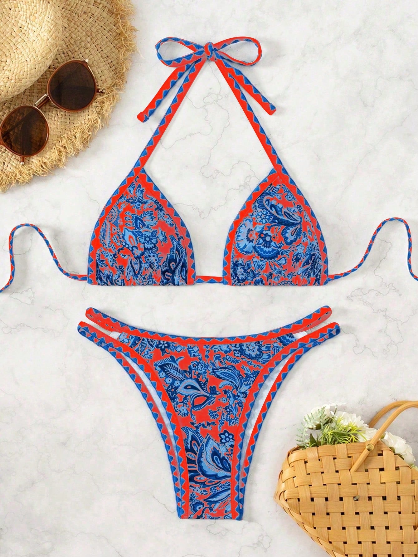 Women's Summer Beach Plant Printed Halter Neck Sexy Bikini Set