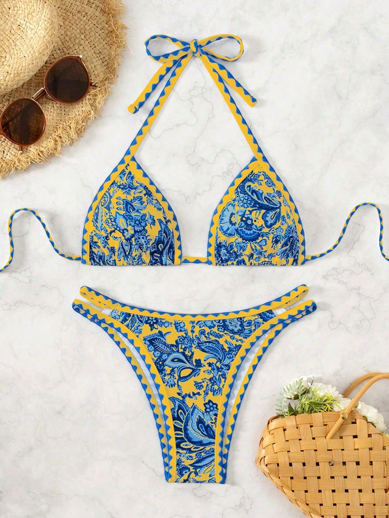 Women's Summer Beach Plant Printed Halter Neck Sexy Bikini Set