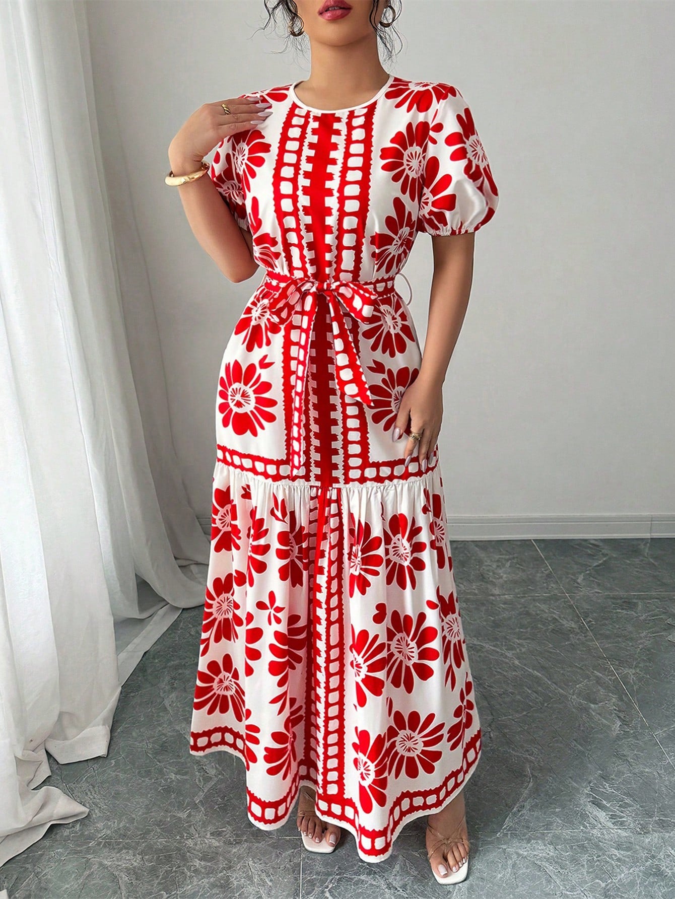 Lantern Sleeve Round Neck Drawstring Waist Flare Hem Vacation Dress, Slimming