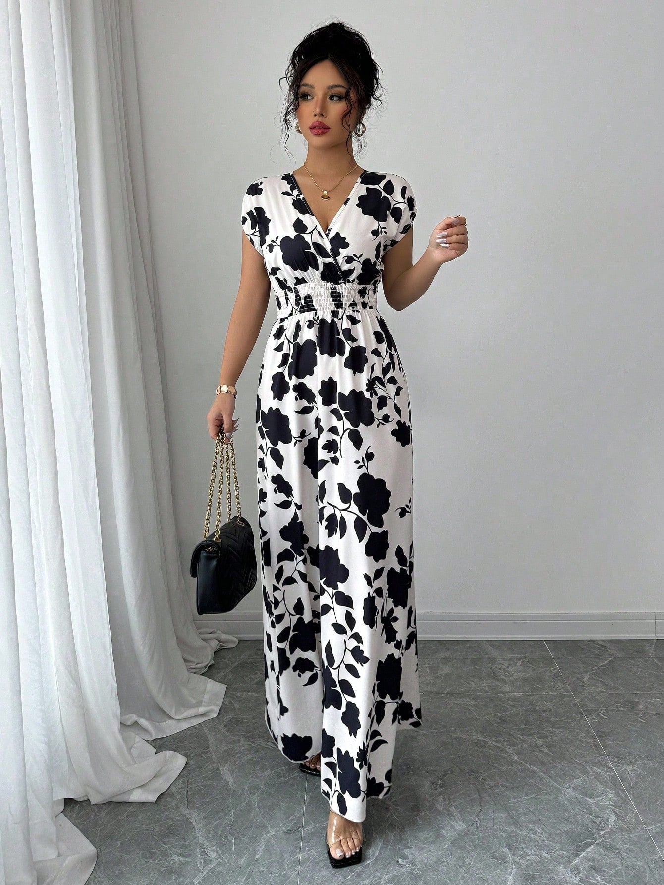 Women's V-Neck X-Shaped Pleated Shadow Flower Print Mid-Length Dress