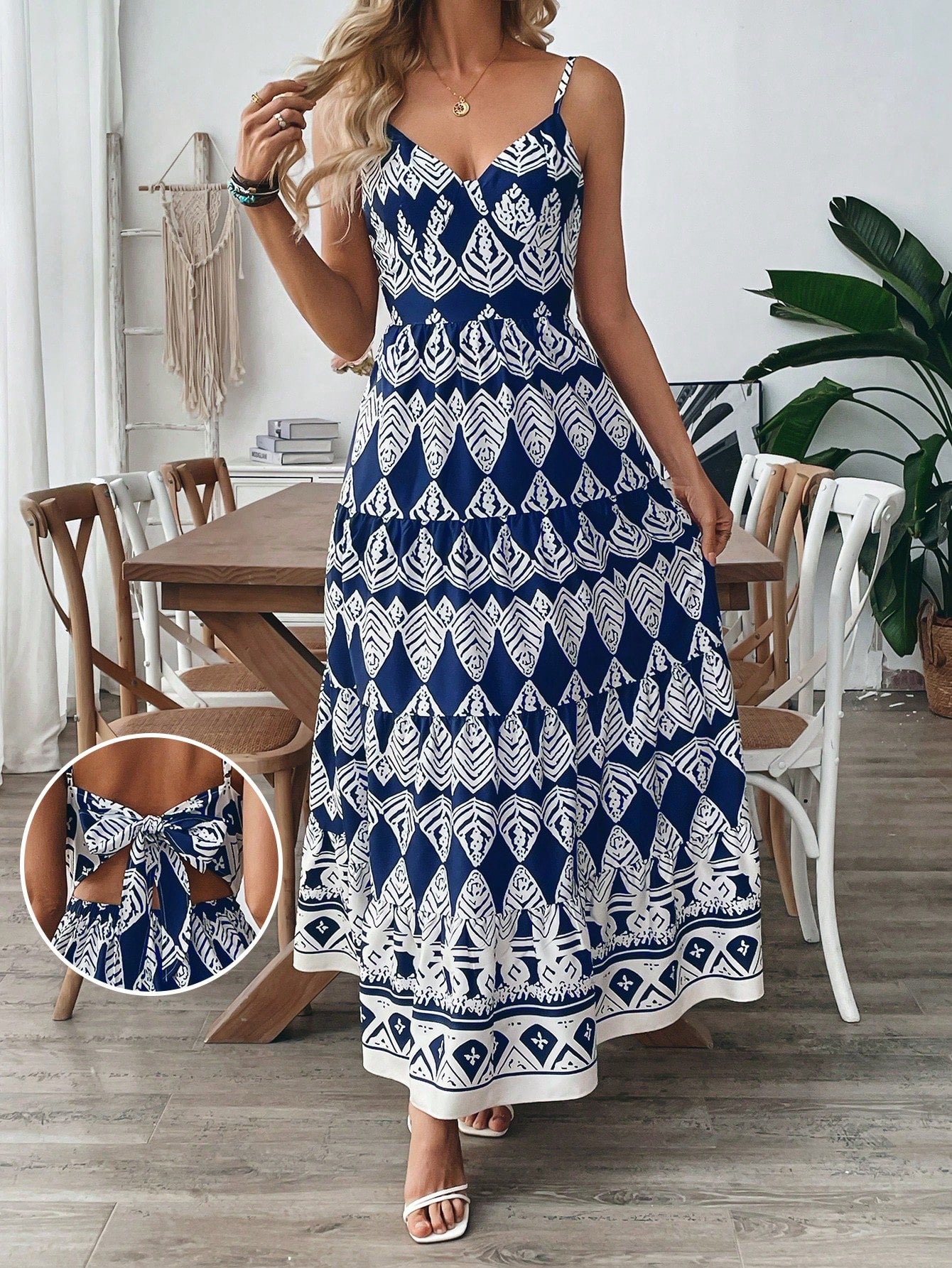 Women's Bohemian Style Belted Spaghetti Strap Patchwork Dress Maxi Vacation Beach Outfit