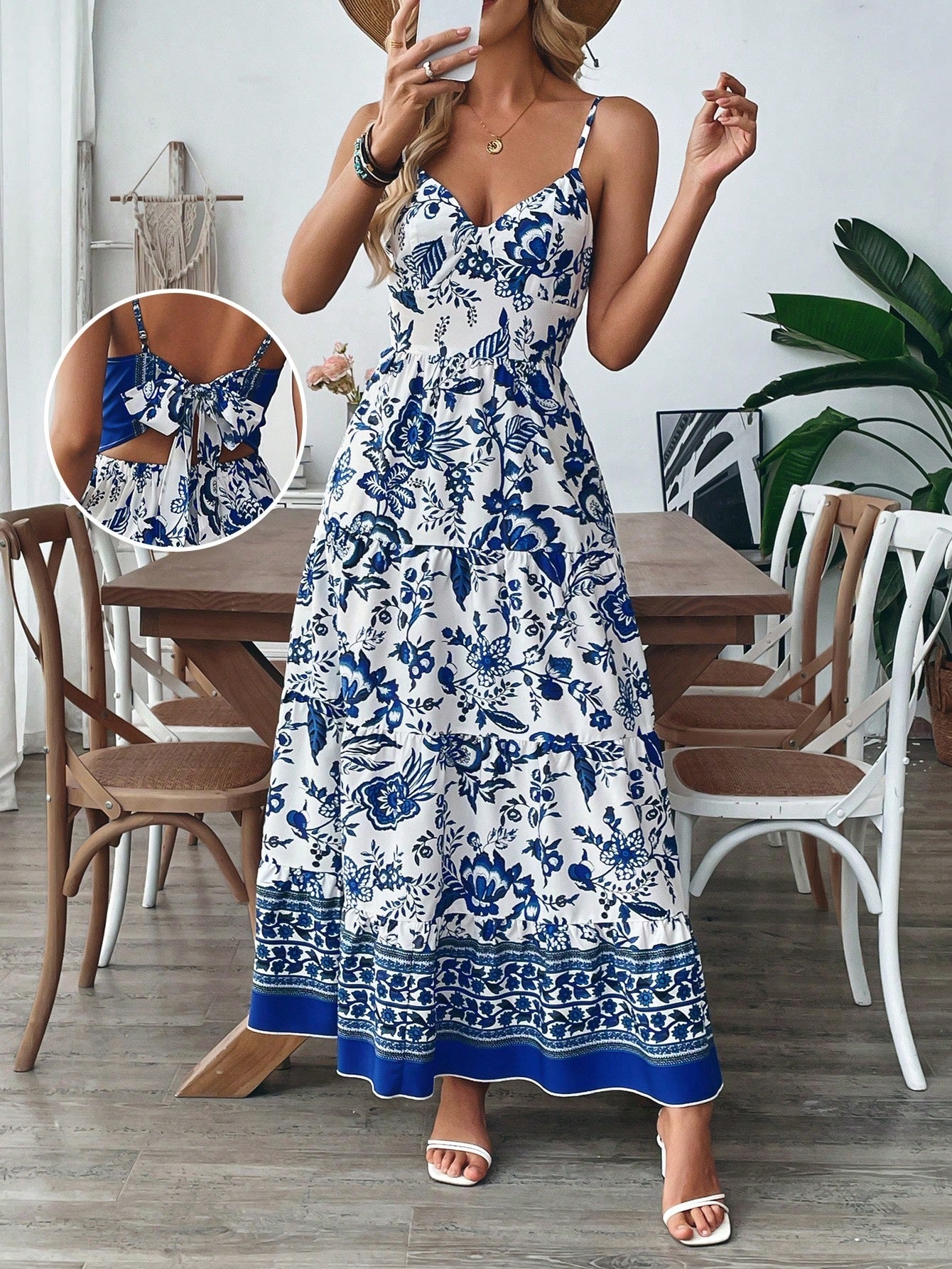 Women's Bohemian Style Belted Spaghetti Strap Patchwork Dress Maxi Vacation Beach Outfit