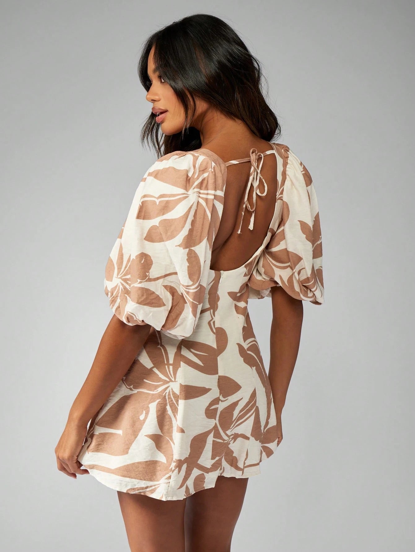 Women's Printed Linen Square Neck Aline Dress With Puff Sleeve.