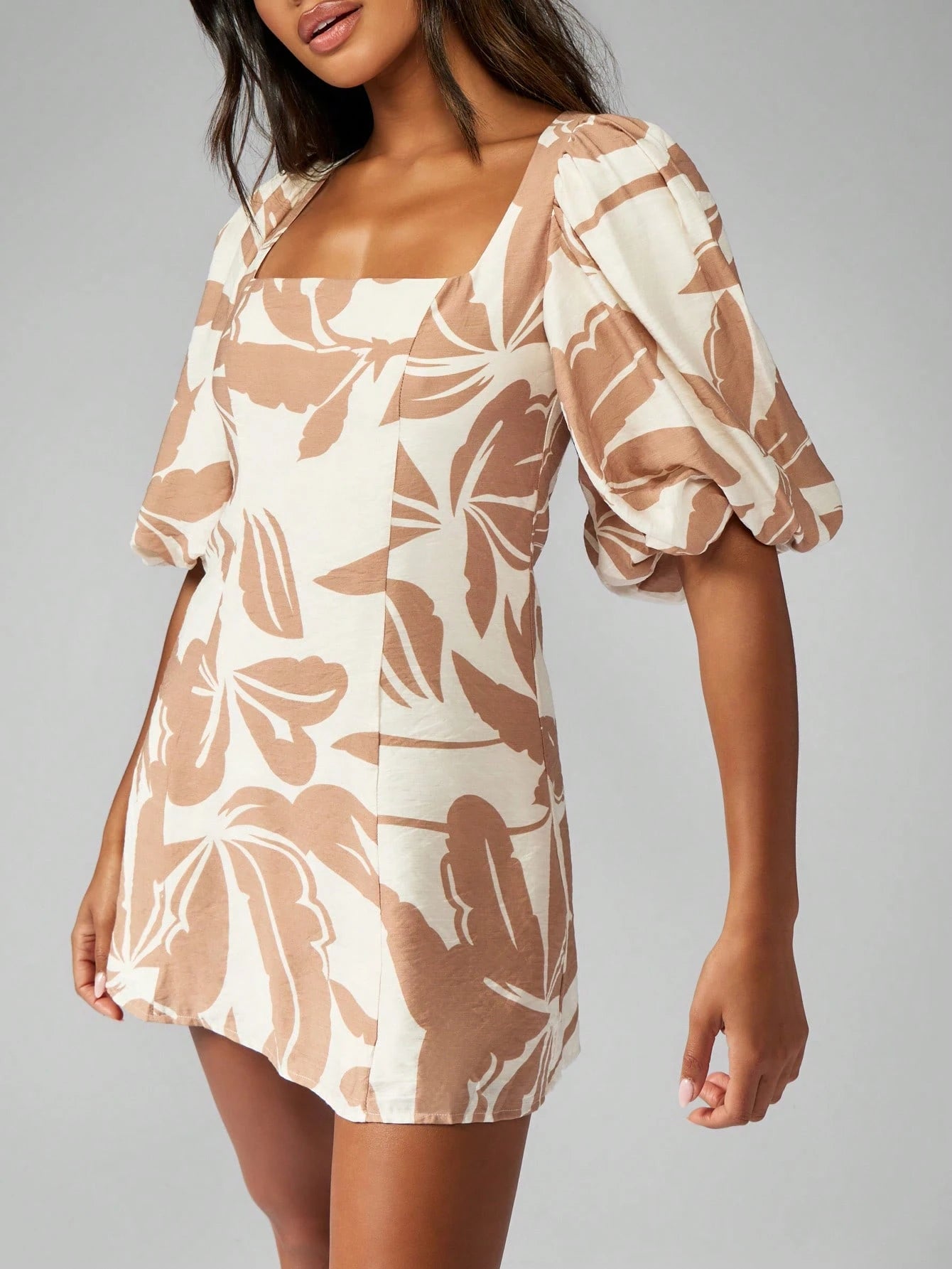 Women's Printed Linen Square Neck Aline Dress With Puff Sleeve.