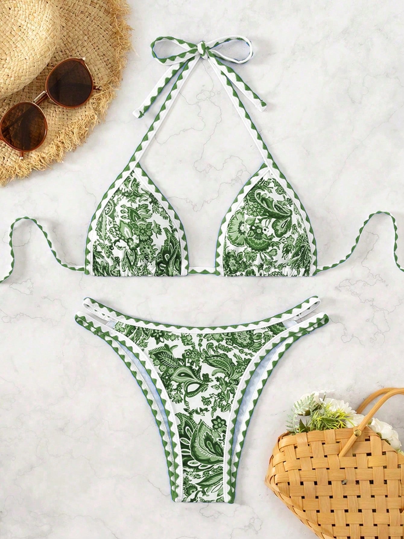Women's Summer Beach Plant Printed Halter Neck Sexy Bikini Set
