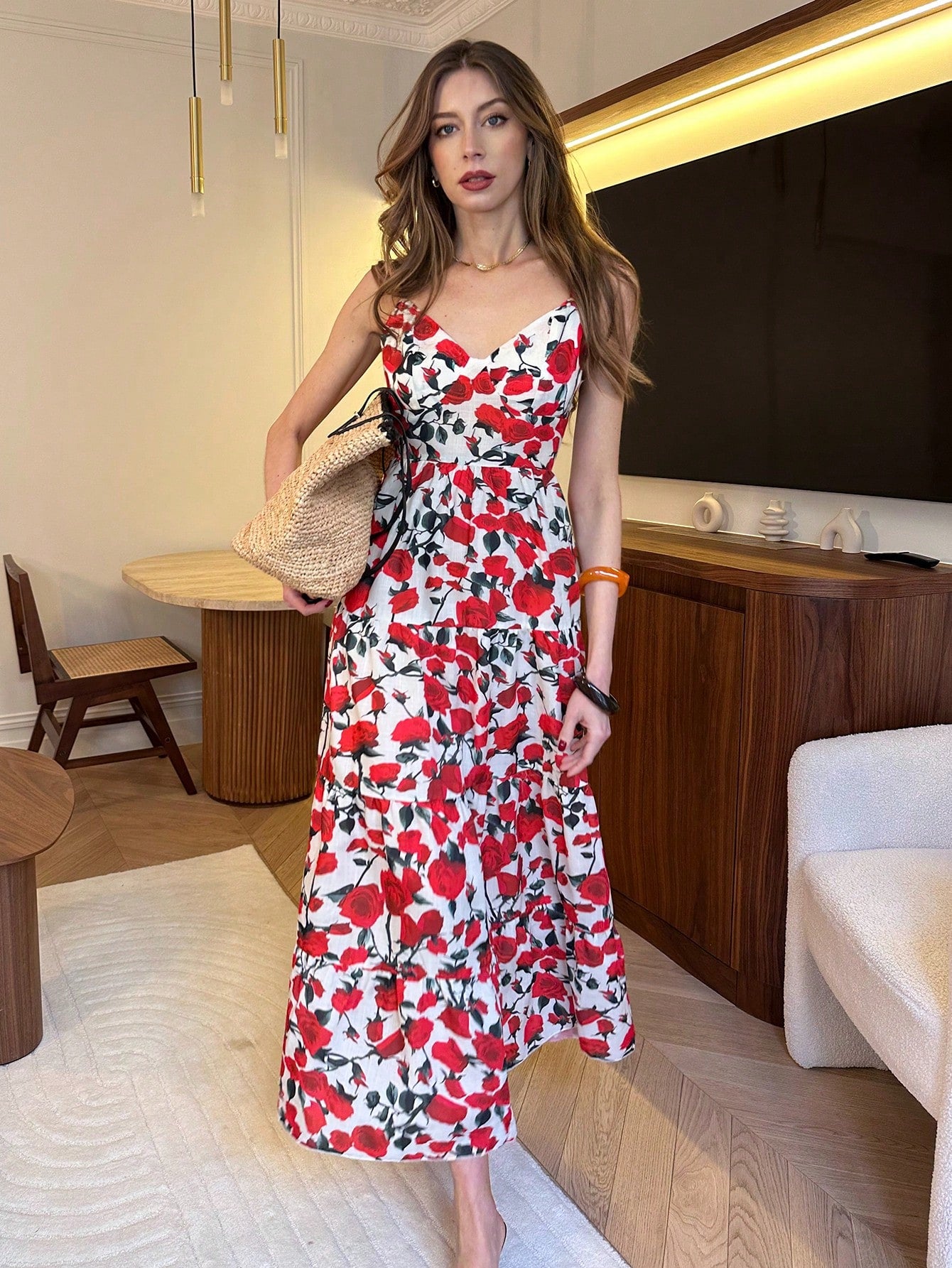 Women's Bohemian Style Belted Spaghetti Strap Patchwork Dress Maxi Vacation Beach Outfit