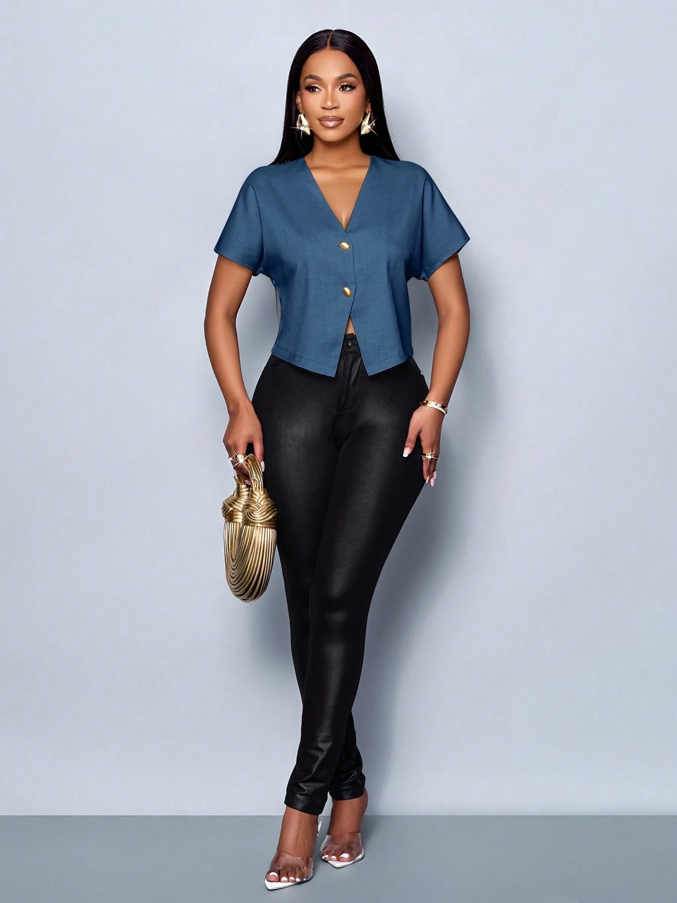 Women's Solid Color V-Neck Metal Button Asymmetric Hem Elegant Short Sleeve Blouse