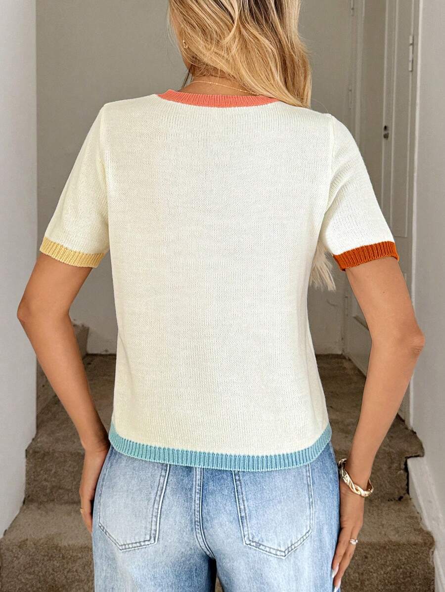 Easowa Women's Thin Contrast Color Collar Short Sleeve Sweater