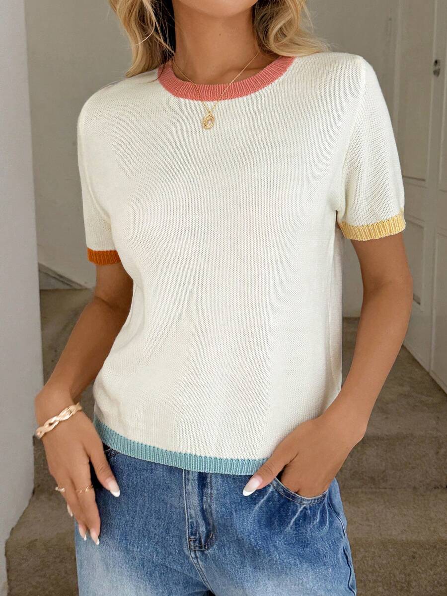 Easowa Women's Thin Contrast Color Collar Short Sleeve Sweater