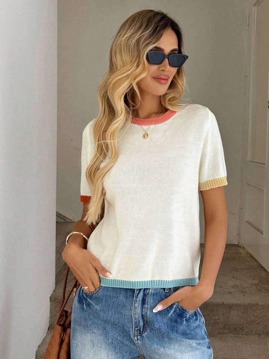 Easowa Women's Thin Contrast Color Collar Short Sleeve Sweater