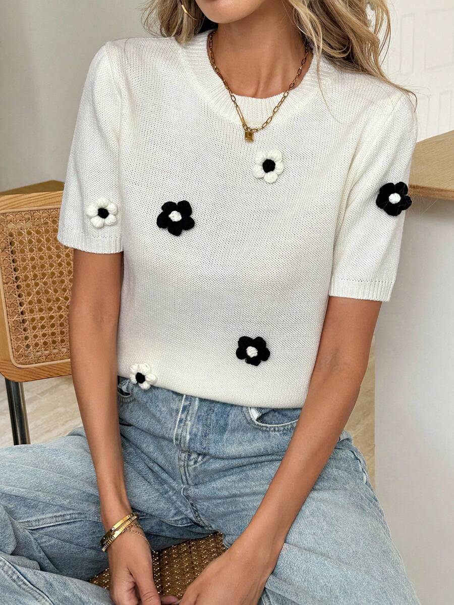 Easowa Women's Thin Contrast Color Collar Short Sleeve Sweater