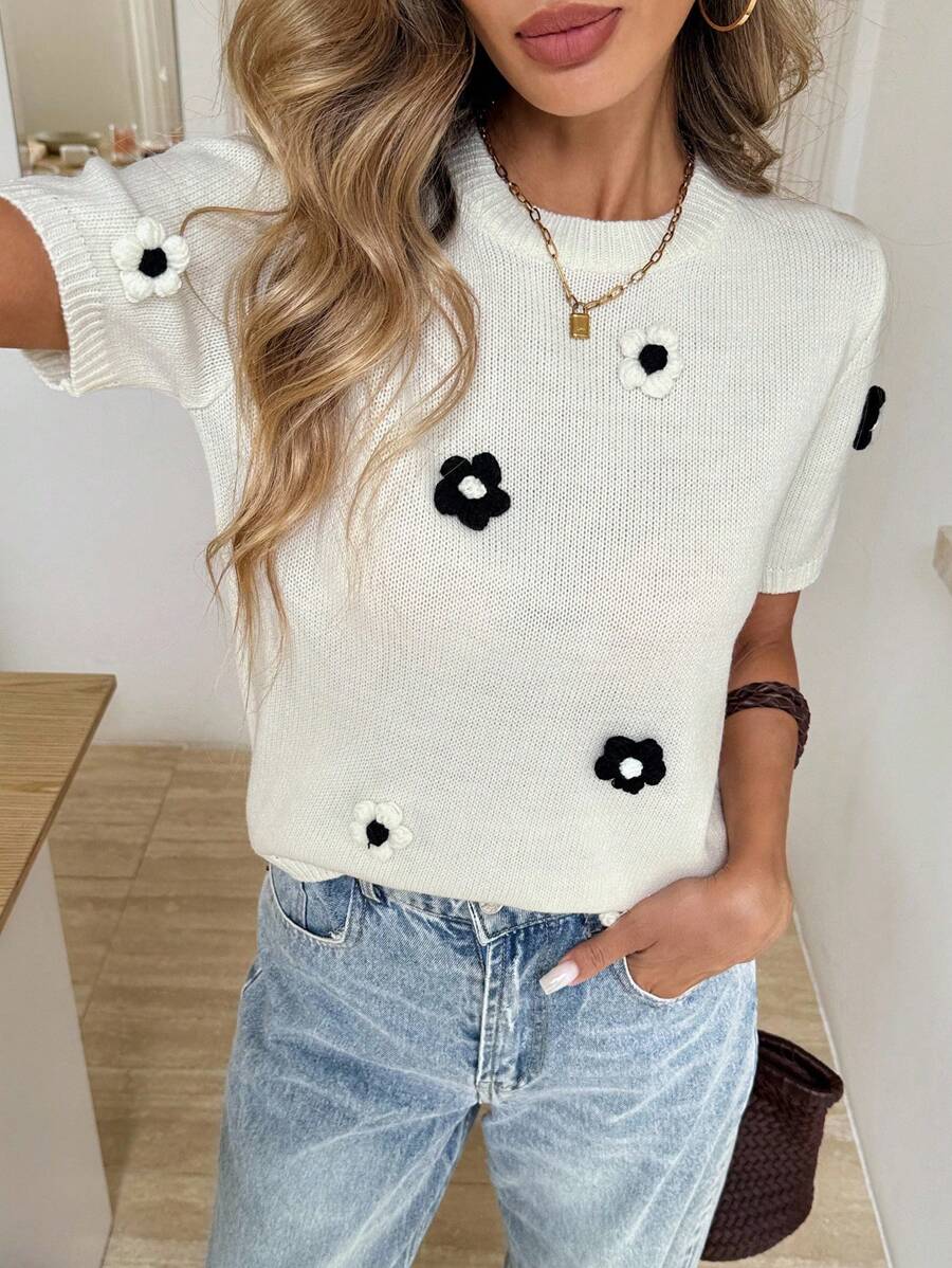 Easowa Women's Thin Contrast Color Collar Short Sleeve Sweater