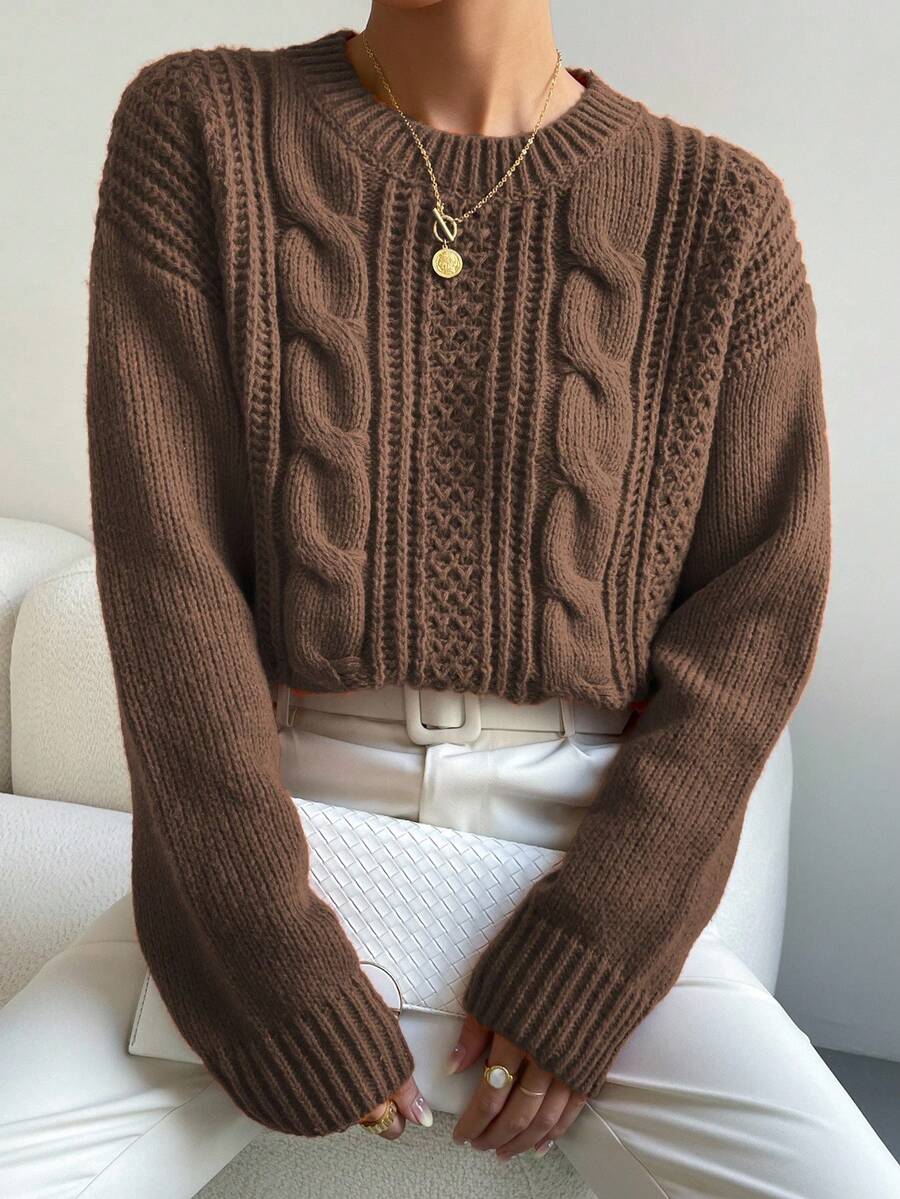 Chiquease 1pc Women Oversized Solid Color Round Neck Drop Shoulder Long Sleeve Casual Pullover Sweater, Autumn/Winter,Long Sleeve Tops Knit Pullover Fall Outfit