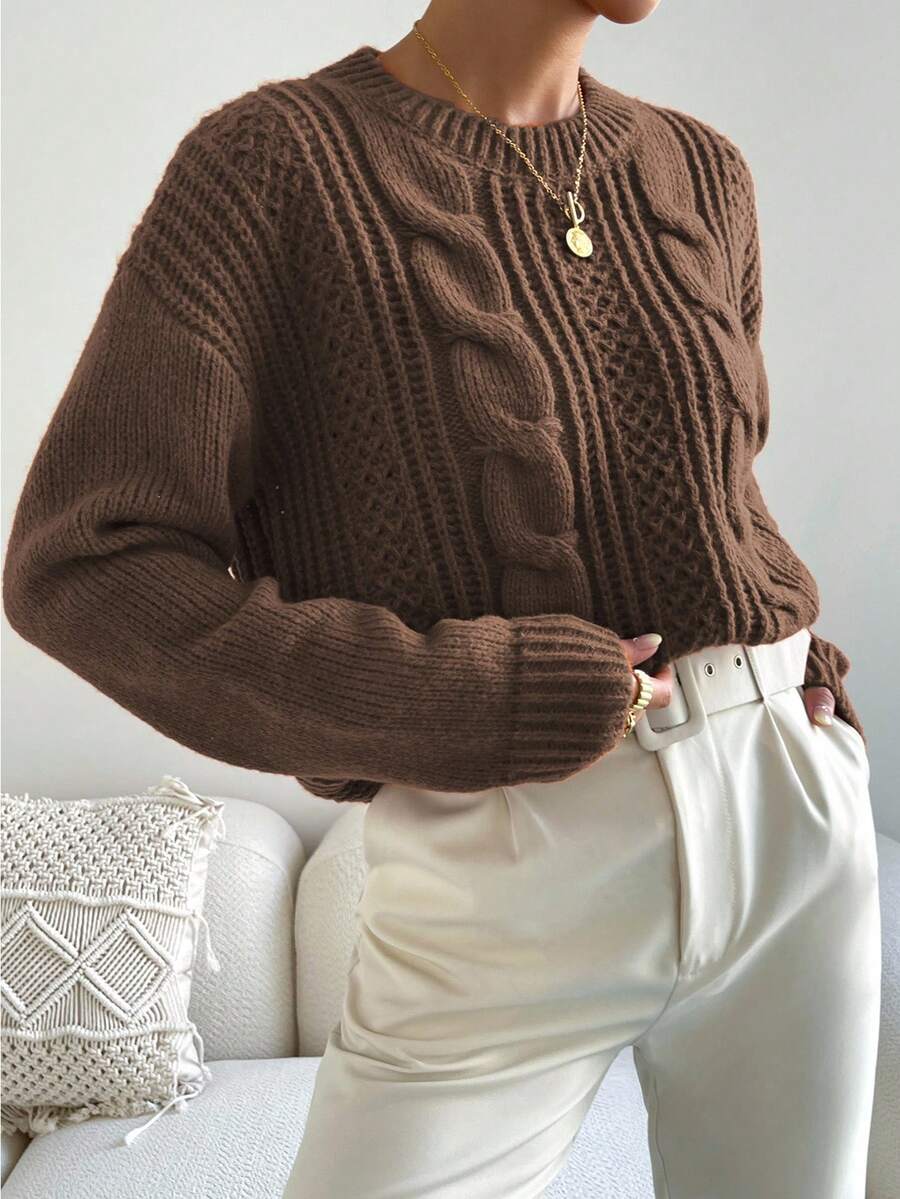 Chiquease 1pc Women Oversized Solid Color Round Neck Drop Shoulder Long Sleeve Casual Pullover Sweater, Autumn/Winter,Long Sleeve Tops Knit Pullover Fall Outfit