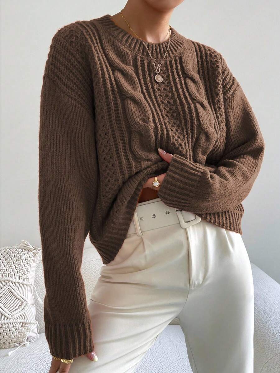 Chiquease 1pc Women Oversized Solid Color Round Neck Drop Shoulder Long Sleeve Casual Pullover Sweater, Autumn/Winter,Long Sleeve Tops Knit Pullover Fall Outfit