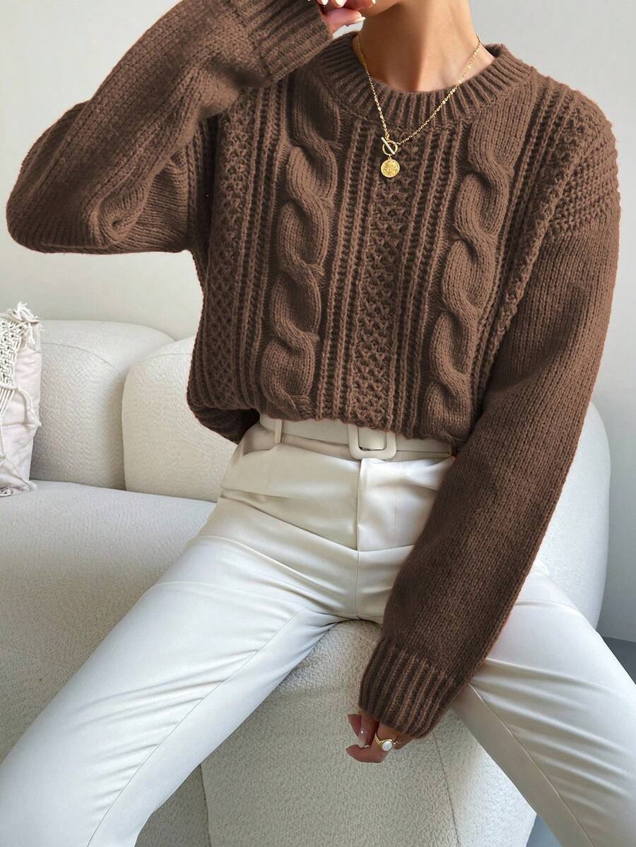 Chiquease 1pc Women Oversized Solid Color Round Neck Drop Shoulder Long Sleeve Casual Pullover Sweater, Autumn/Winter,Long Sleeve Tops Knit Pullover Fall Outfit