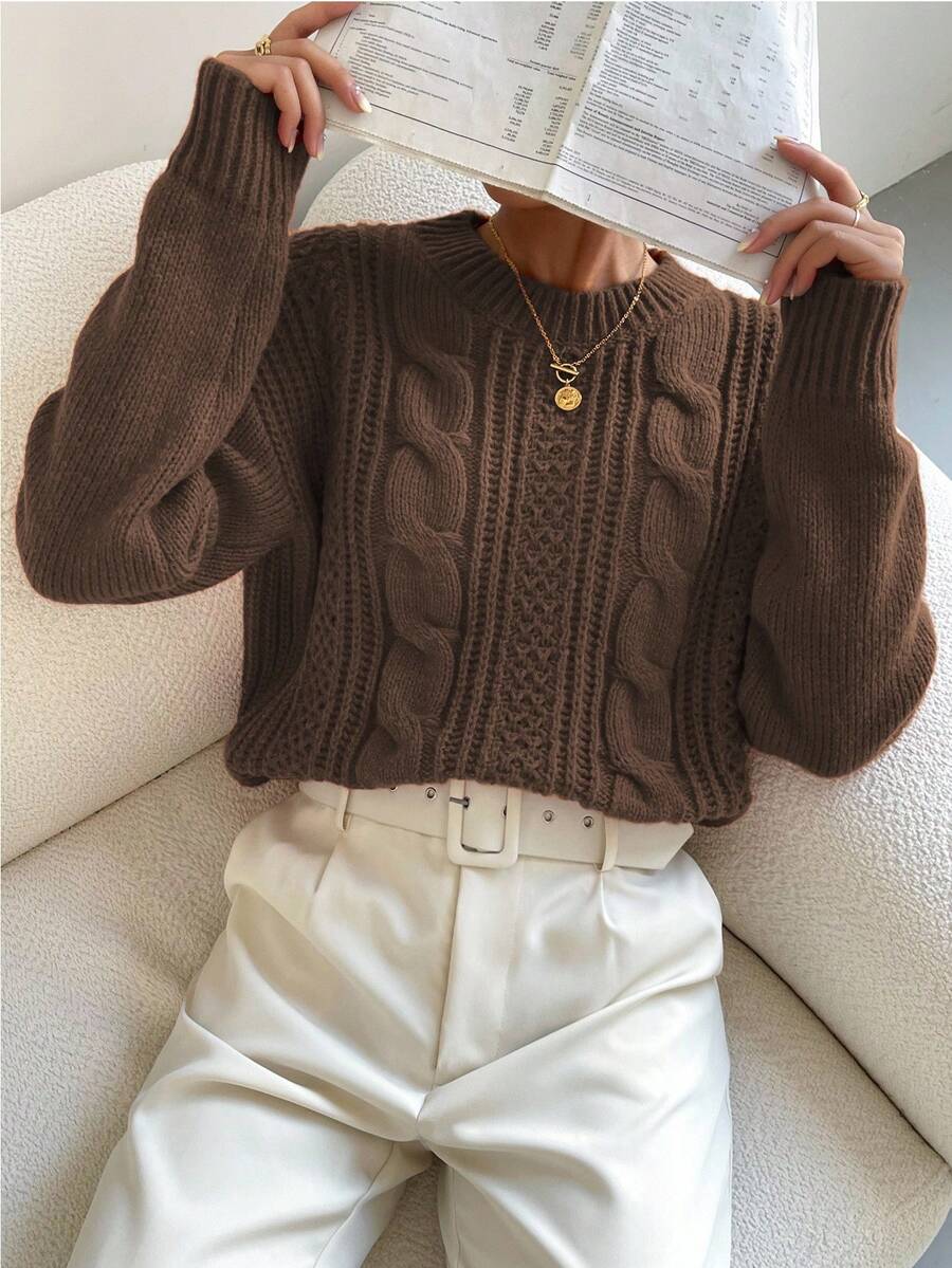 Chiquease 1pc Women Oversized Solid Color Round Neck Drop Shoulder Long Sleeve Casual Pullover Sweater, Autumn/Winter,Long Sleeve Tops Knit Pullover Fall Outfit
