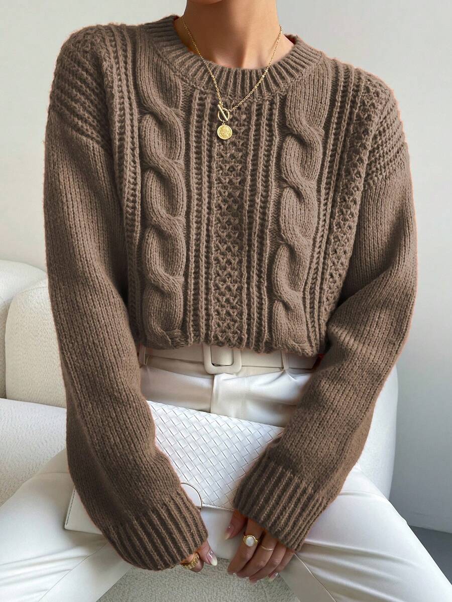 Chiquease 1pc Women Oversized Solid Color Round Neck Drop Shoulder Long Sleeve Casual Pullover Sweater, Autumn/Winter,Long Sleeve Tops Knit Pullover Fall Outfit