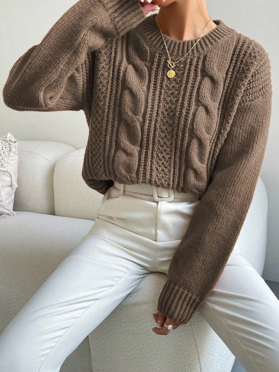Chiquease 1pc Women Oversized Solid Color Round Neck Drop Shoulder Long Sleeve Casual Pullover Sweater, Autumn/Winter,Long Sleeve Tops Knit Pullover Fall Outfit