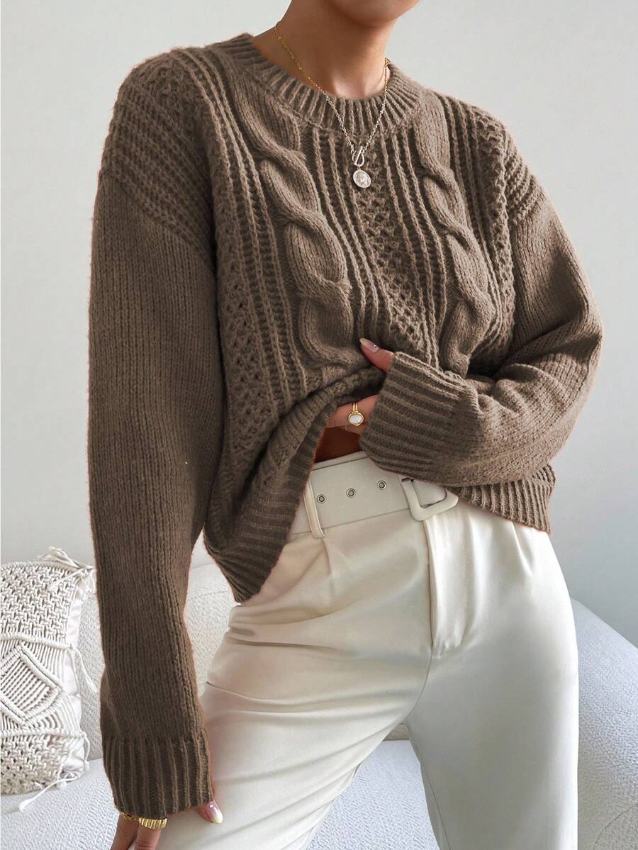 Chiquease 1pc Women Oversized Solid Color Round Neck Drop Shoulder Long Sleeve Casual Pullover Sweater, Autumn/Winter,Long Sleeve Tops Knit Pullover Fall Outfit
