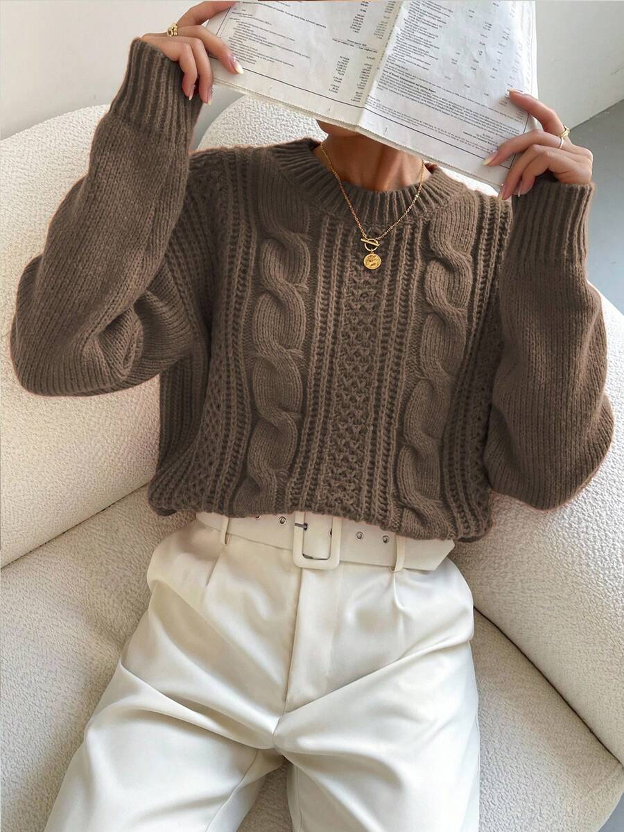 Chiquease 1pc Women Oversized Solid Color Round Neck Drop Shoulder Long Sleeve Casual Pullover Sweater, Autumn/Winter,Long Sleeve Tops Knit Pullover Fall Outfit