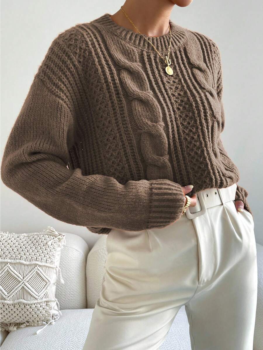 Chiquease 1pc Women Oversized Solid Color Round Neck Drop Shoulder Long Sleeve Casual Pullover Sweater, Autumn/Winter,Long Sleeve Tops Knit Pullover Fall Outfit