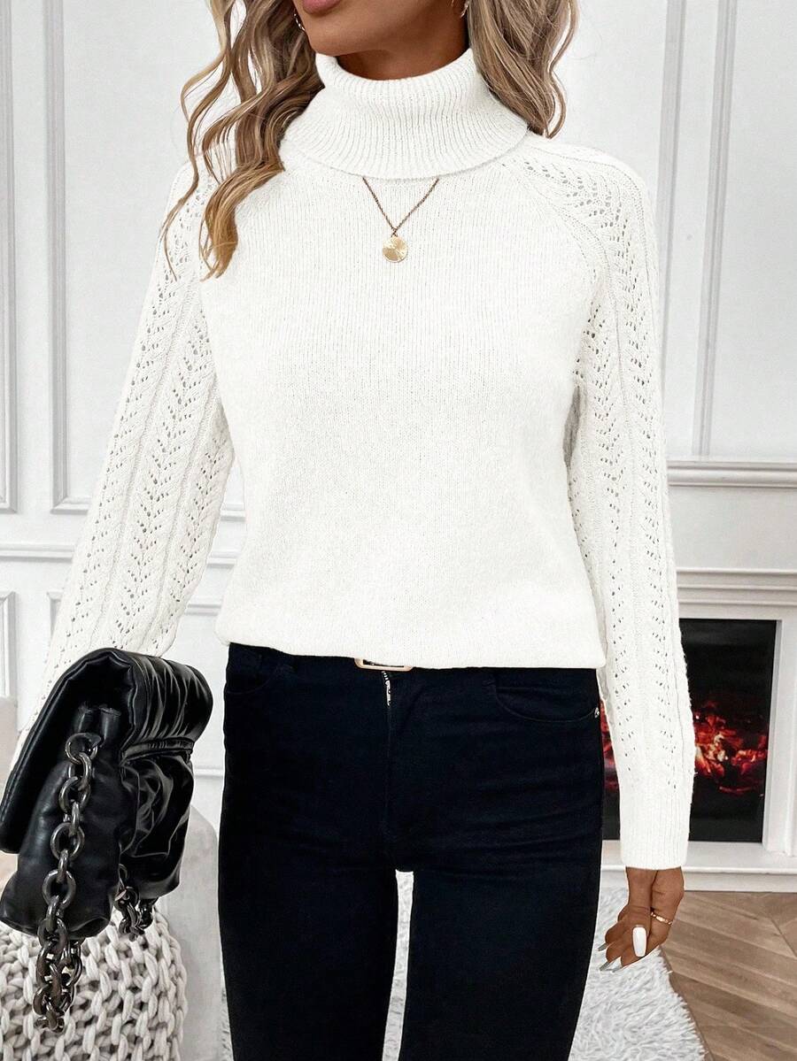 Chiquease Solid Color Casual Turtleneck Long Sleeve Pullover Sweater Knit Pullover Fall Winter Outfit