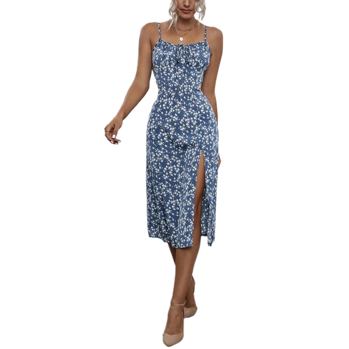 Women's Clothing Summer 2024 Trend Floral Dress, Flower Print Spaghetti Strap Sleeveless with High Slit for Ladies