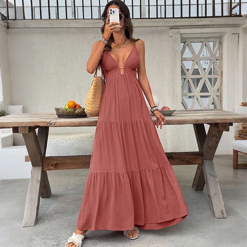 2026 Summer New Design - Solid-color Wide-Arm Deep-V Neck Beach Style Dress, Laid-back Beach Dress for Women