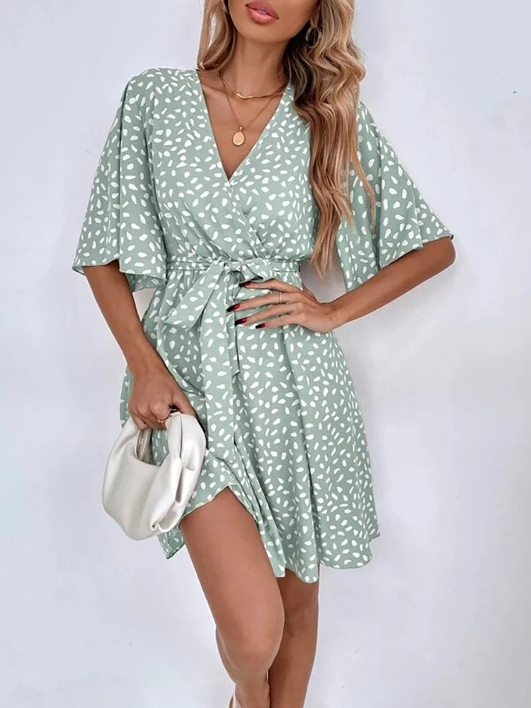 Casual Dot Print Mini Dress with Belt Elegant Chic Half Sleeve V Neck A Line Sundress Vintage Harajuku Short Dress Beach Party