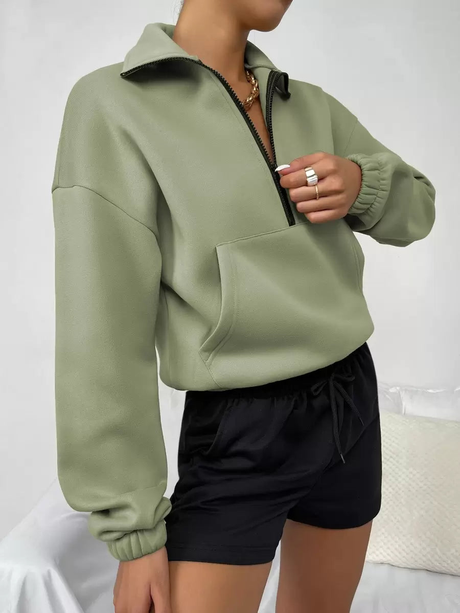 Women's Kangaroo Pocket Drop Shoulder Half Zip Up Thermal Pullover