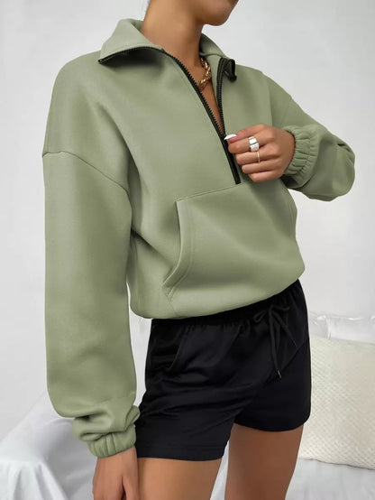 Women's Kangaroo Pocket Drop Shoulder Half Zip Up Thermal Pullover