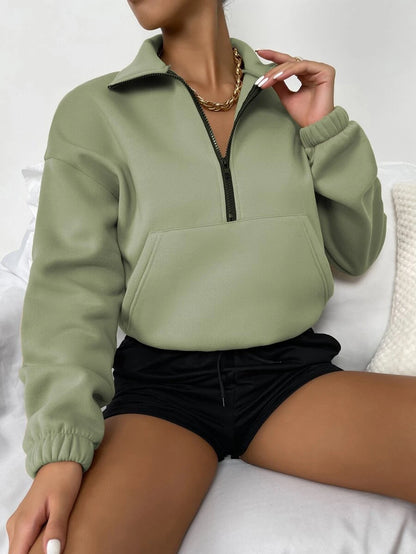 Women's Kangaroo Pocket Drop Shoulder Half Zip Up Thermal Pullover