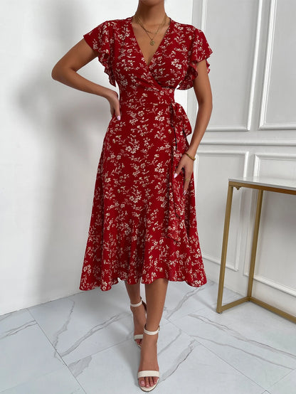 Floral Print Butterfly Sleeve Knot Side Dress Maxi Women Outfit
