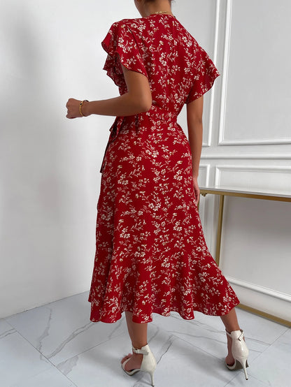 Floral Print Butterfly Sleeve Knot Side Dress Maxi Women Outfit
