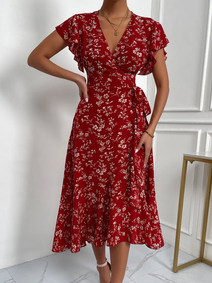 Floral Print Butterfly Sleeve Knot Side Dress Maxi Women Outfit