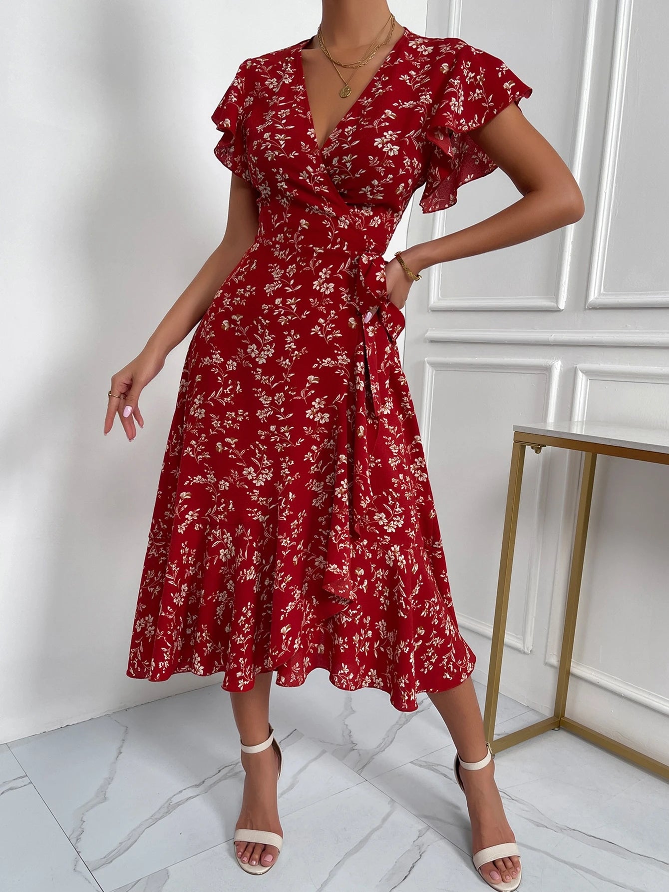 Floral Print Butterfly Sleeve Knot Side Dress Maxi Women Outfit