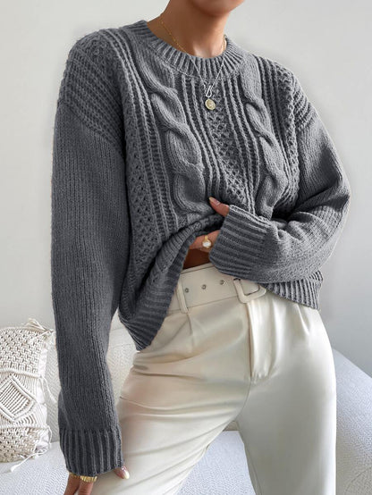 Chiquease 1pc Women Oversized Solid Color Round Neck Drop Shoulder Long Sleeve Casual Pullover Sweater, Autumn/Winter,Long Sleeve Tops Knit Pullover Fall Outfit