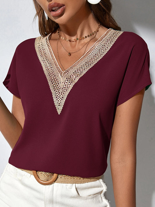 Classy Contrast Guipure Lace Dolman Sleeve Blouse, Short Sleeve Tops.